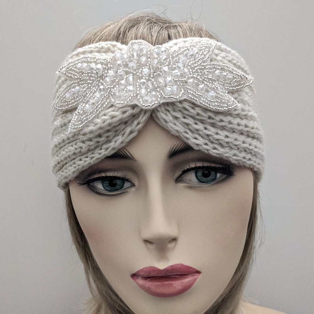 White Beaded Flower Knit Headband Woman Warm Thick